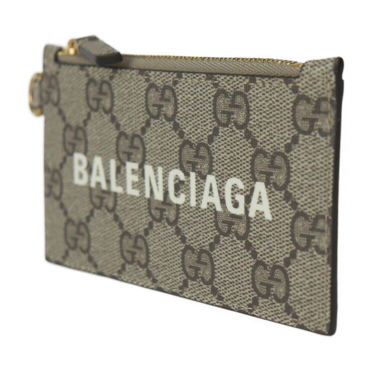 超美品 GUCCI グッチ BALENCIAGA バレンシアガ コラボ The Hacker Project ザ ハッカー プロジェクト カードケース 681706 GGスプリームキャンバス ベージュ ブラウン ゴールド金具 ネックストラップ付き フラグメントケース コインケース 小銭入れ