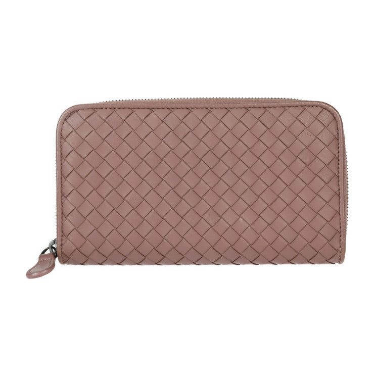 美品 BOTTEGAVENETA ボッテガヴェネタ ジップアラウンドウォレット 長財布 114076 レザー ダークピンクベージュ系 ラウンドファスナー