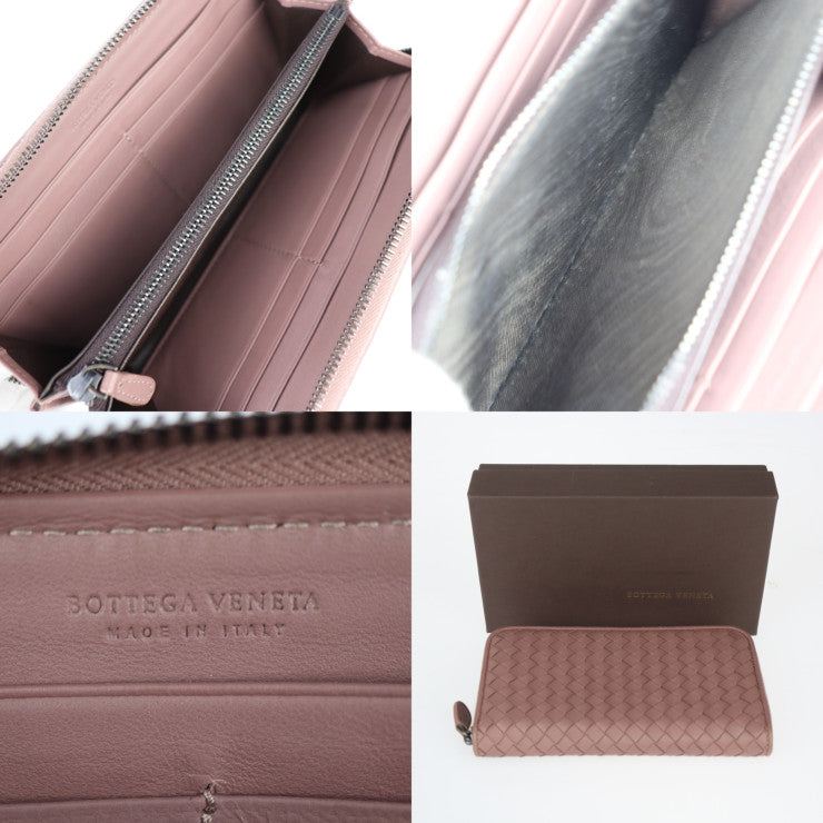 美品 BOTTEGAVENETA ボッテガヴェネタ ジップアラウンドウォレット 長財布 114076 レザー ダークピンクベージュ系 ラウンドファスナー