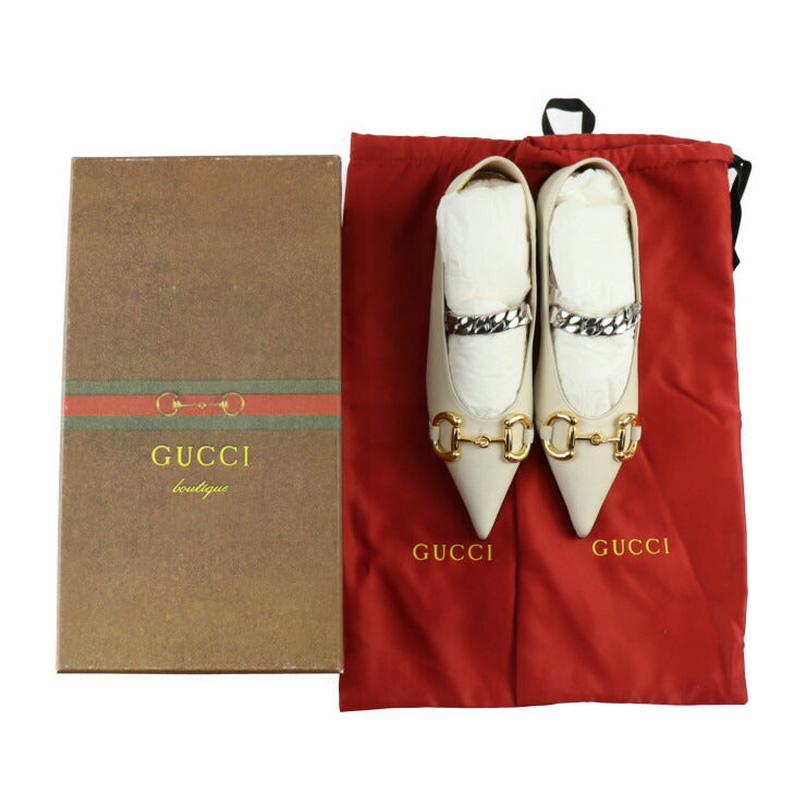 新品未使用展示品 GUCCI グッチ ホースビット パンプス 621161 表記サイズ 35 1/2 レザー アイボリー ゴールド シルバー 参考サイズ22.5cm チェーン フラットシューズ