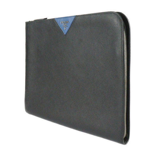 PRADA プラダ ドキュメントケース SAFFIANO TRAVEL サフィアーノトラベル セカンドバッグ 2VN003 レザー ブラック ブルー シルバー金具 L字ファスナー クラッチバッグ ポーチ