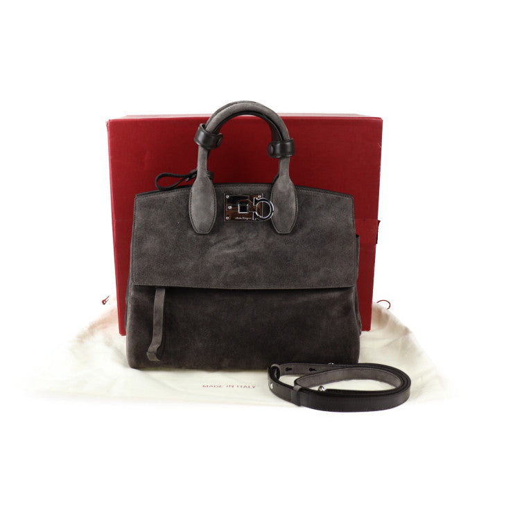 超美品 Salvatore Ferragamo サルヴァトーレ フェラガモ スタジオ スモール バッグ ガンチーニ ハンドバッグ 21 H796 スウェード グレー系 シルバー金具 2WAY ショルダーバッグ スエード
