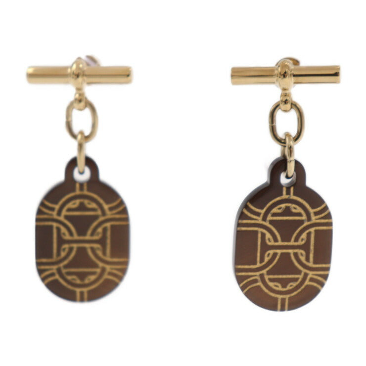 超美品 HERMES エルメス シェーヌダンクル PM ピアス - メタル バッファローホーン ゴールド ブラウン 耳飾り
