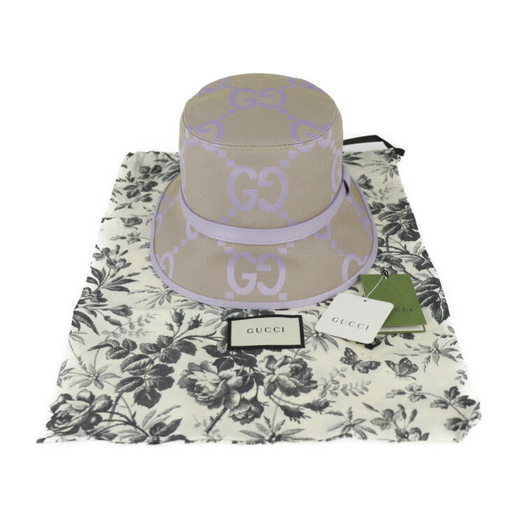 Brand new, unused, on display GUCCI bucket hat, Jumbo GG hat, 730336, size M, canvas, leather, beige, light purple, hat