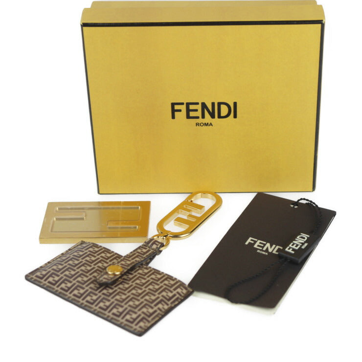 New, unused, display item, FENDI Mirror Holder Micro FF Keychain 7AS049 Leather Brown Gold hardware Bag charm