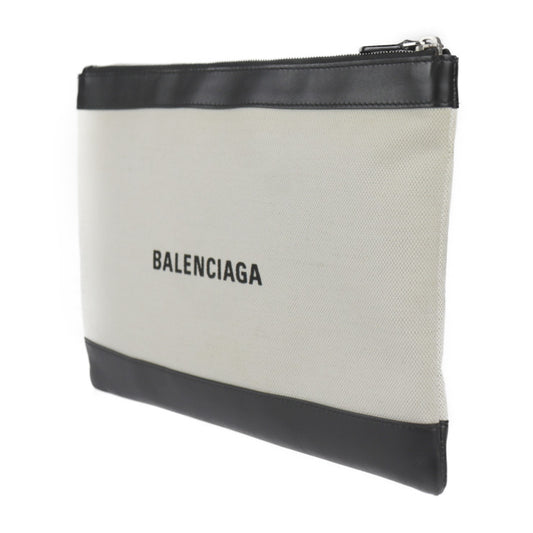 美品 BALENCIAGA バレンシアガ ネイビークリップM セカンドバッグ 373834 キャンバス レザー ナチュラル ブラック シルバー金具 クラッチバッグ ポーチ