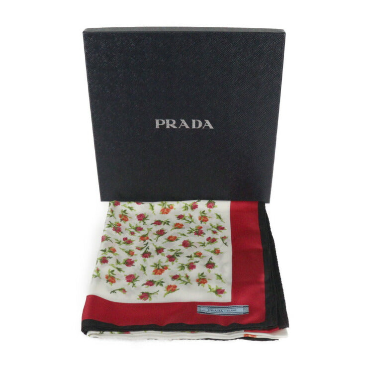 新古未使用展示品 PRADA プラダ スカーフ スカーフ シルク100% ホワイト ピンク ブラック マルチカラー 大判 フラワー 花柄