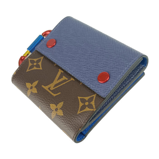 美品 LOUIS VUITTON ルイ ヴィトン 二つ折り財布 コンパクト・ウォレット by キム・ジョーンズ M63041 ブラウン ネイビー ブルー マルチカラー金具 モノグラムキャンバス タイガレザー ユニセックス カラビナ付き 18SS 限定