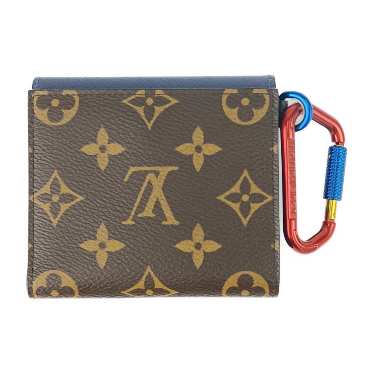 美品 LOUIS VUITTON ルイ ヴィトン 二つ折り財布 コンパクト・ウォレット by キム・ジョーンズ M63041 ブラウン ネイビー ブルー マルチカラー金具 モノグラムキャンバス タイガレザー ユニセックス カラビナ付き 18SS 限定