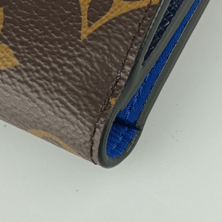 美品 LOUIS VUITTON ルイ ヴィトン 二つ折り財布 コンパクト・ウォレット by キム・ジョーンズ M63041 ブラウン ネイビー ブルー マルチカラー金具 モノグラムキャンバス タイガレザー ユニセックス カラビナ付き 18SS 限定