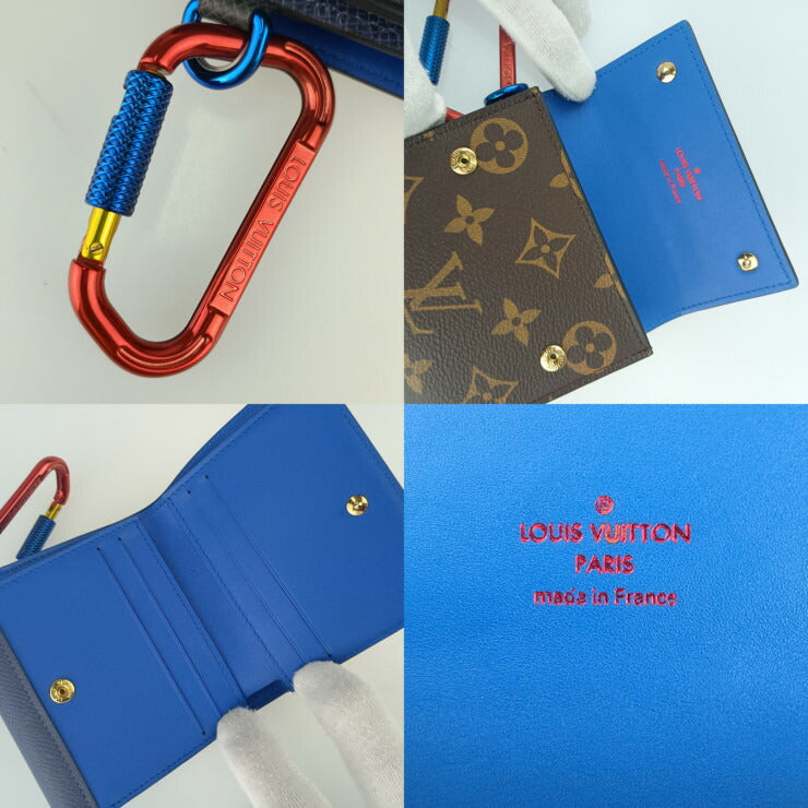 美品 LOUIS VUITTON ルイ ヴィトン 二つ折り財布 コンパクト・ウォレット by キム・ジョーンズ M63041 ブラウン ネイビー ブルー マルチカラー金具 モノグラムキャンバス タイガレザー ユニセックス カラビナ付き 18SS 限定