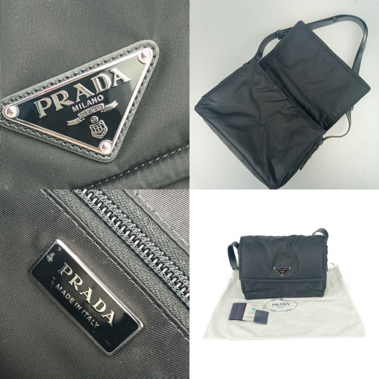 超美品 PRADA プラダ ショルダーバッグ ミディアム パデッドRe-Nylon ショルダーバッグ 1BD255 ブラック シルバー金具 ナイロン レザー レディース クロスボディ メッセンジャー 三角ロゴプレート