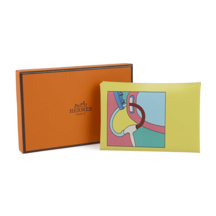 New, unused display item HERMES Calvi Duo Selle en Desordres card case, Swift leather, lime, multicolor, business card holder, coin case, coin purse, W stamp