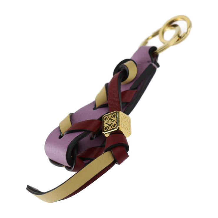 Very good condition LOEWE braided key ring anagram key holder - leather purple beige burgundy bag charm gold hardware