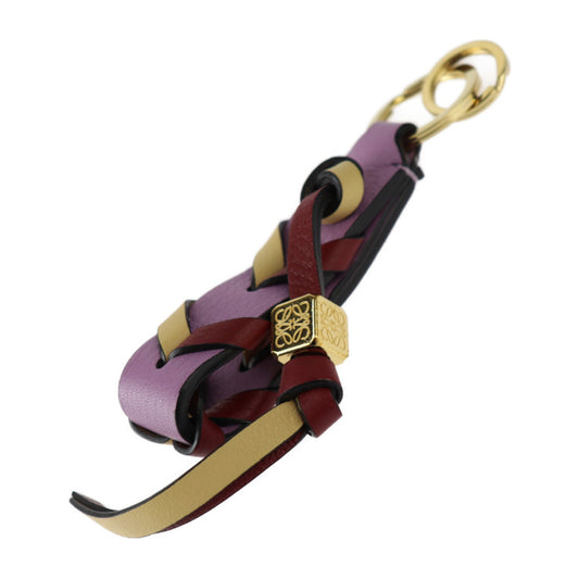 超美品 LOEWE ロエベ ブレイデッド キーリング アナグラム キーホルダー - レザー パープル ベージュ ボルドー バッグチャーム ゴールド金具