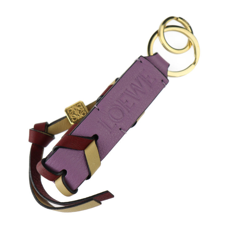 Very good condition LOEWE braided key ring anagram key holder - leather purple beige burgundy bag charm gold hardware