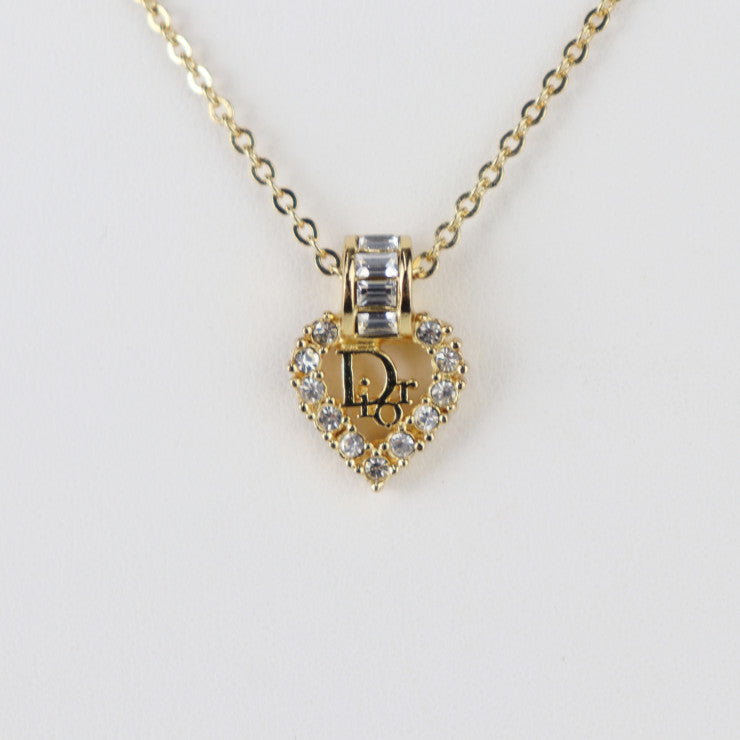 超美品 Christian Dior クリスチャンディオール ネックレス ロゴ ハート - ゴールド メタル ラインストーン レディース ペンダント