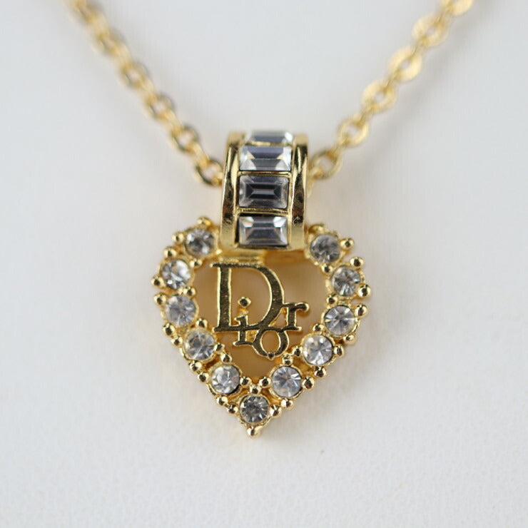 超美品 Christian Dior クリスチャンディオール ネックレス ロゴ ハート - ゴールド メタル ラインストーン レディース ペンダント