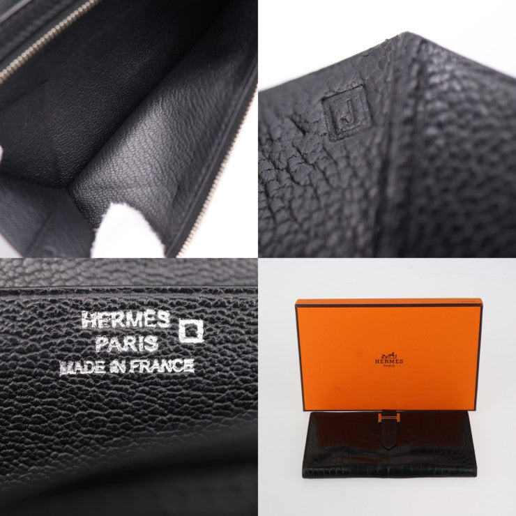 HERMES エルメス ベアン スフレ 長財布 - アリゲーター ブラック シルバー金具 二つ折り財布 □J刻印