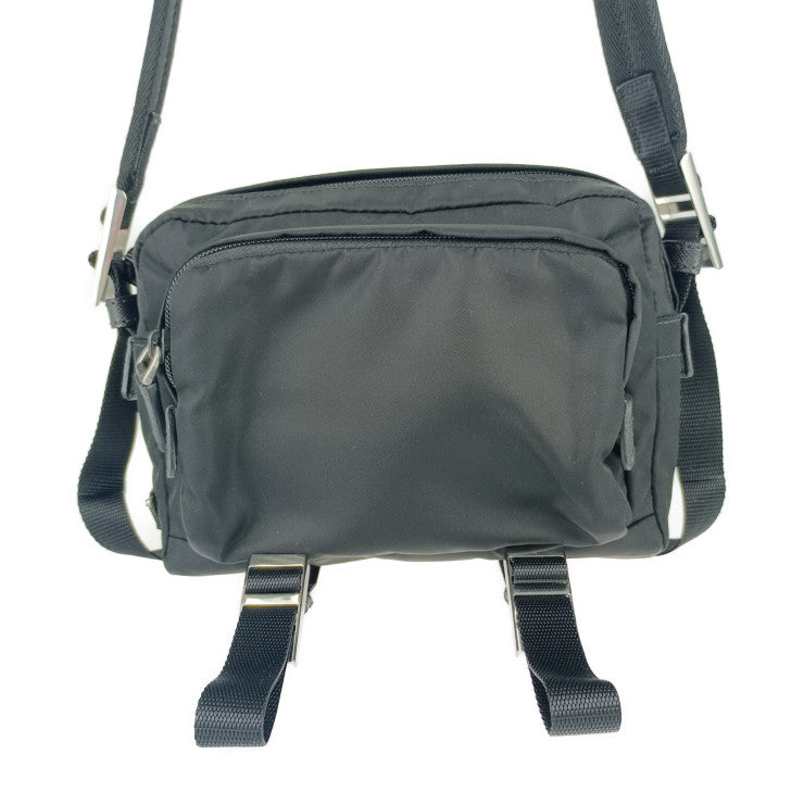 超美品 PRADA プラダ ショルダーバッグ クロスボディバッグ 2VH043 ブラック シルバー金具 ナイロン レザー ユニセックス ポシェット メッセンジャーバッグ 三角ロゴプレート