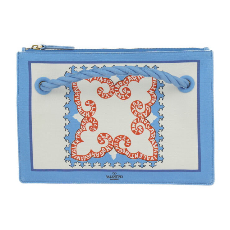 超美品 Valentino Garavani ヴァレンティノ ガラヴァーニ ホノルル ポーチ セカンドバッグ UW2P0U84 キャンバス ライトブルー アイボリー オレンジ クラッチバッグ