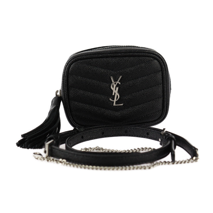 超美品 SAINT LAURENT PARIS サンローランパリ ベイビー ルー ポーチ ショルダーバッグ 657495 グレインレザー ブラック シルバー金具 チェーン タッセル ポシェット ベルトバッグ