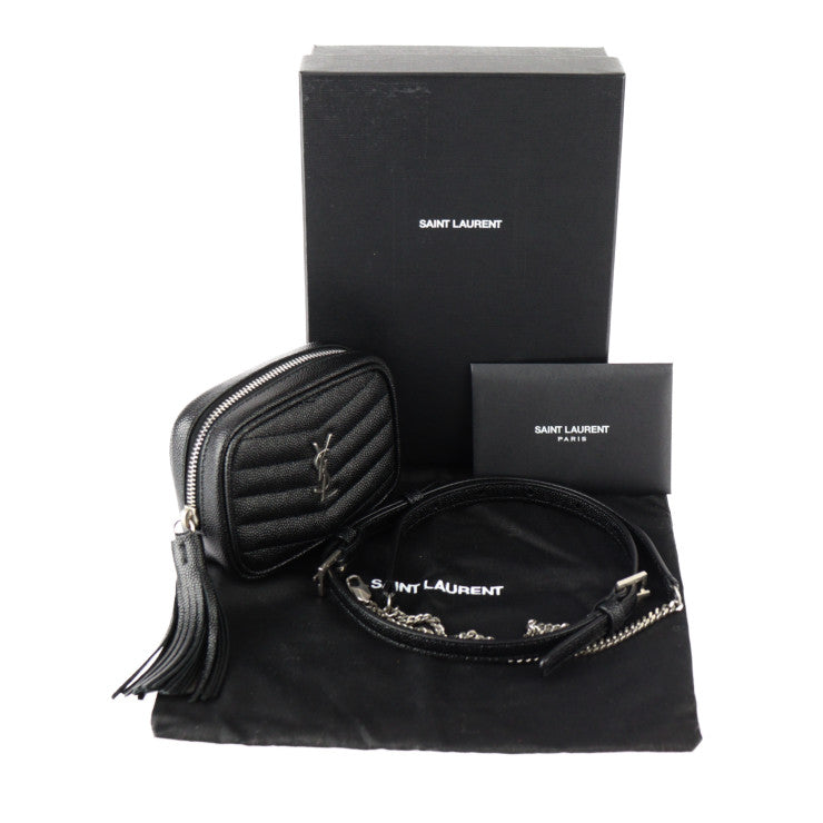 超美品 SAINT LAURENT PARIS サンローランパリ ベイビー ルー ポーチ ショルダーバッグ 657495 グレインレザー ブラック シルバー金具 チェーン タッセル ポシェット ベルトバッグ
