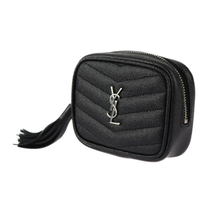 超美品 SAINT LAURENT PARIS サンローランパリ ベイビー ルー ポーチ ショルダーバッグ 657495 グレインレザー ブラック シルバー金具 チェーン タッセル ポシェット ベルトバッグ