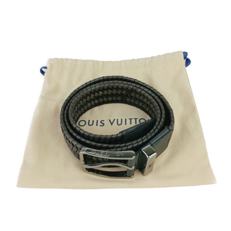 超美品 LOUIS VUITTON ルイ ヴィトン ベルト サンチュール・ポンヌフ ブレイデッド 35MM M0377 ブラック系 グレー系 シルバー金具 メンズ 編み込み