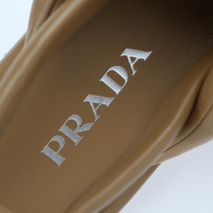 超美品 PRADA プラダ ウェッジサンダル トライアングルロゴ サンダル 1XZ758 表記サイズ 40 ソフト ナッパレザー キャメル 三角ロゴプレート 参考サイズ約26cm ブラウン系