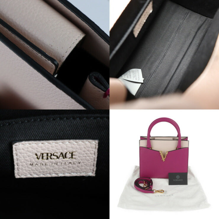 超美品 VERSACE ヴェルサーチ VIRTUS ヴィルトゥス ハンドバッグ 1005960 レザー マゼンタ系 ピンクベージュ系 ゴールド金具 2WAY ショルダーバッグ