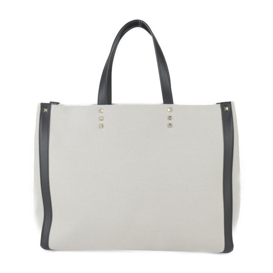 超美品 Valentino Garavani ヴァレンティノ ガラヴァーニ VLTN ロックスタッズ トートバッグ TW2B0D21FWB キャンバス レザー ナチュラル ブラック ゴールド金具 ショッピングバッグ