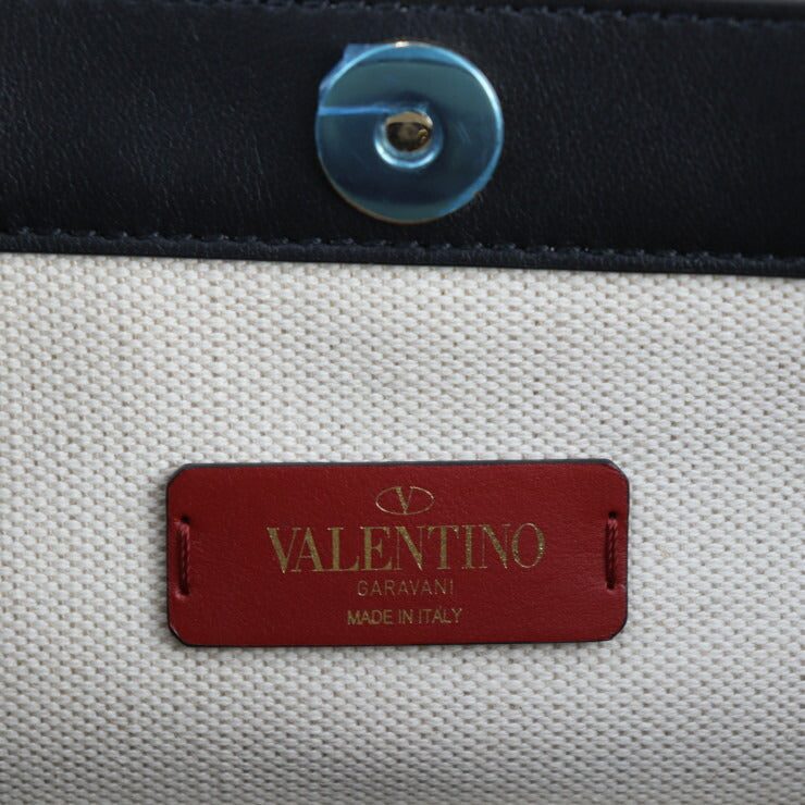 超美品 Valentino Garavani ヴァレンティノ ガラヴァーニ VLTN ロックスタッズ トートバッグ TW2B0D21FWB キャンバス レザー ナチュラル ブラック ゴールド金具 ショッピングバッグ