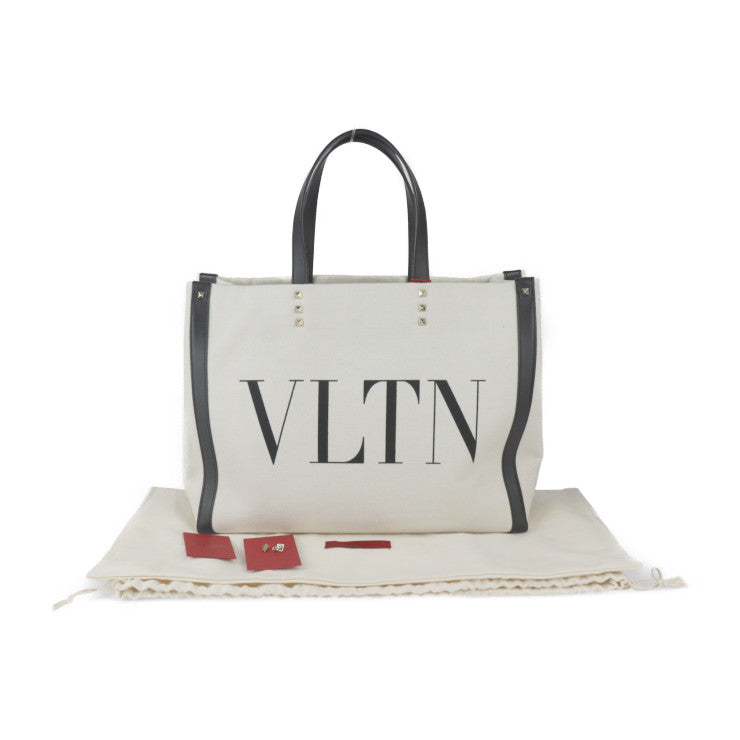 超美品 Valentino Garavani ヴァレンティノ ガラヴァーニ VLTN ロックスタッズ トートバッグ TW2B0D21FWB キャンバス レザー ナチュラル ブラック ゴールド金具 ショッピングバッグ