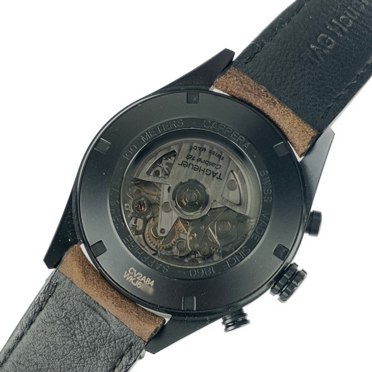 美品 TAG Heuer タグ ホイヤー 腕時計 カレラ キャリバー16 デイデイト クロノグラフ CV2A84 ブラック ブラック文字盤 ブラウン チタン セラミック レザー メンズ 裏スケ