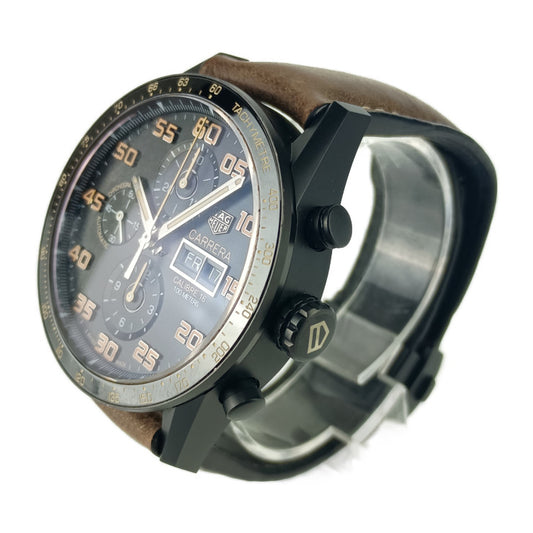 美品 TAG Heuer タグ ホイヤー 腕時計 カレラ キャリバー16 デイデイト クロノグラフ CV2A84 ブラック ブラック文字盤 ブラウン チタン セラミック レザー メンズ 裏スケ