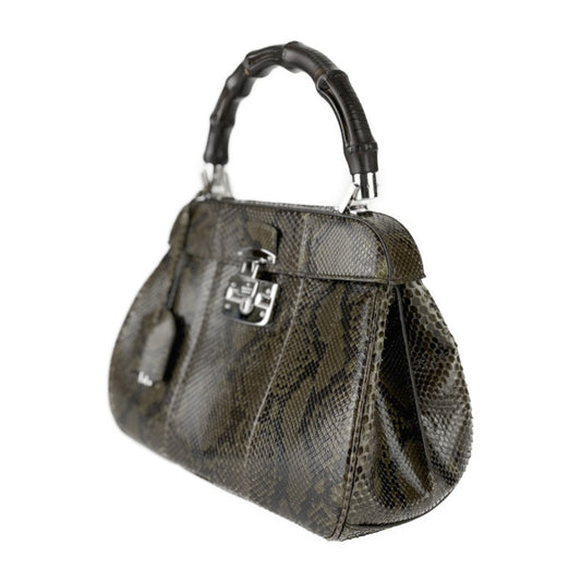 美品 GUCCI グッチ ハンドバッグ バンブー レディロック 331830 グリーン系 シルバー金具 パイソン レディース トップハンドル 手提げかばん