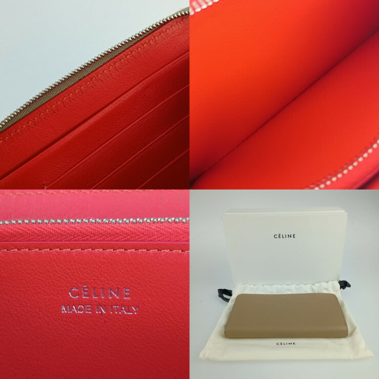 超美品 CELINE セリーヌ 長財布 ラージ ジップドウォレット - ベージュ系 オレンジレッド系 シルバー金具 レザー レディース バイカラー ラウンドファスナー