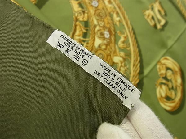 HERMES エルメス スカーフ カレ90 グリーン系 シルク100% レディース CAVALIERS D’OR 黄金の騎士 美品