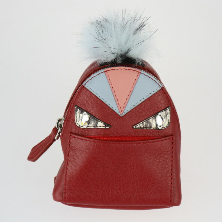 超美品 FENDI フェンディ バッグチャーム BAG BUGS モンスター キーホルダー 7AR457 カーフレザー × パイソン × ファー ダークレッド系 シルバー金具 キーリング バックパック リュックサックモチーフ
