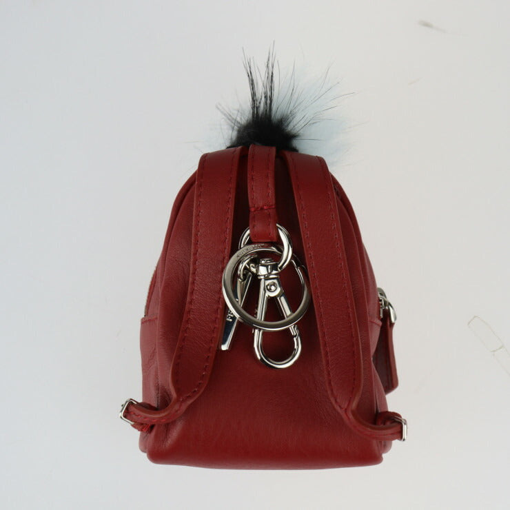超美品 FENDI フェンディ バッグチャーム BAG BUGS モンスター キーホルダー 7AR457 カーフレザー × パイソン × ファー ダークレッド系 シルバー金具 キーリング バックパック リュックサックモチーフ
