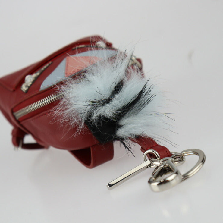 超美品 FENDI フェンディ バッグチャーム BAG BUGS モンスター キーホルダー 7AR457 カーフレザー × パイソン × ファー ダークレッド系 シルバー金具 キーリング バックパック リュックサックモチーフ