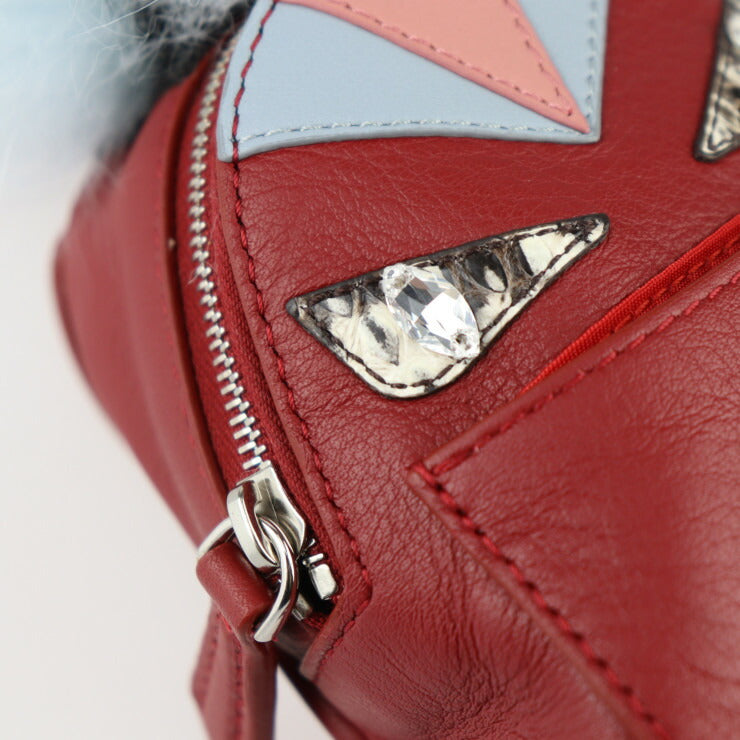 超美品 FENDI フェンディ バッグチャーム BAG BUGS モンスター キーホルダー 7AR457 カーフレザー × パイソン × ファー ダークレッド系 シルバー金具 キーリング バックパック リュックサックモチーフ
