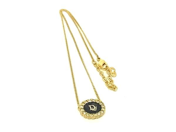 ChristianDior クリスチャンディオール ネックレス ロゴ - ゴールド ブラック メタル レディース ラインストーン
