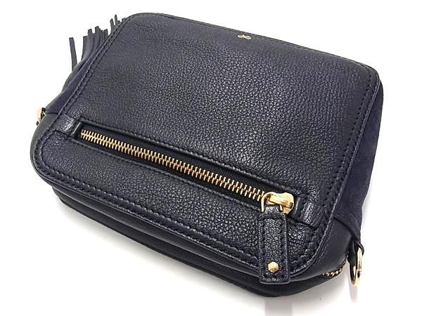 ANYA HINDMARCH アニヤハインドマーチ ショルダーバッグ スマイリー クロスボディバッグ - ネイビー レザー×スエード レディース タッセル付き ポシェット ゴールド金具 美品