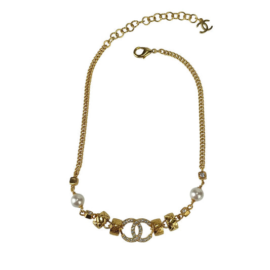 CHANEL シャネル ネックレス ココマーク チョーカー ゴールド パールホワイト メタル フェイクパール ラインストーン レディース C24 P 超美品