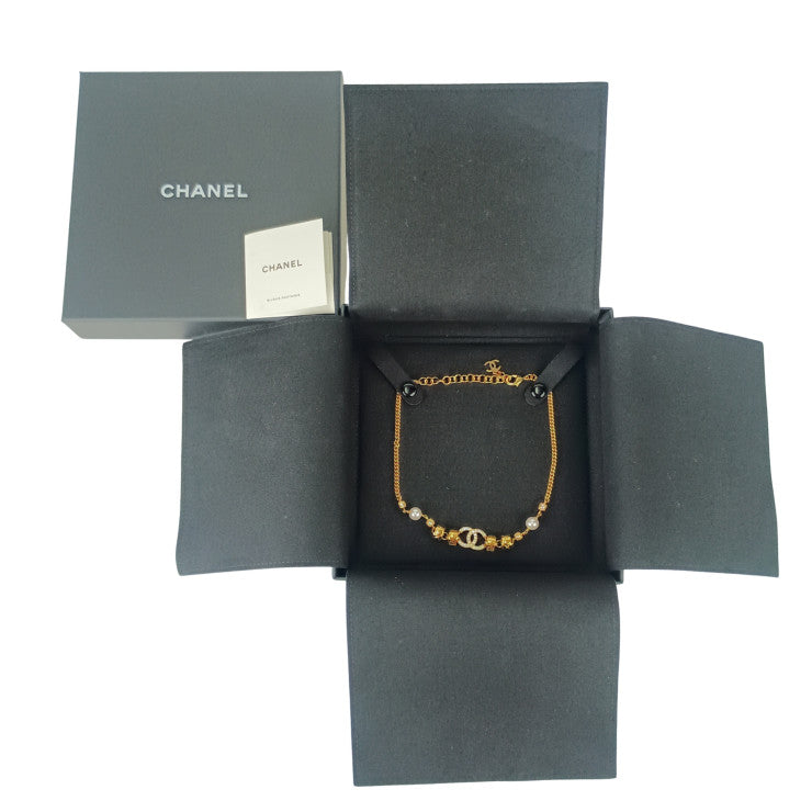 CHANEL シャネル ネックレス ココマーク チョーカー ゴールド パールホワイト メタル フェイクパール ラインストーン レディース C24 P 超美品