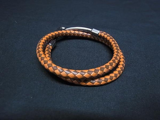 美品 HERMES エルメス チョーカー ジャンボ チョーカー - ブラウン系 オレンジ系 シルバー金具 レザー ユニセックス 2重 ブレスレット 編み込み
