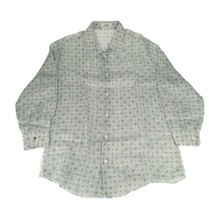 HERMES エルメス トップス 総柄 長袖 シャツ - グレー系 ブルー系 グリーン系 マルチカラー 麻100% メンズ ロングスリーブ セリエボタン リネン 表記サイズ41/16