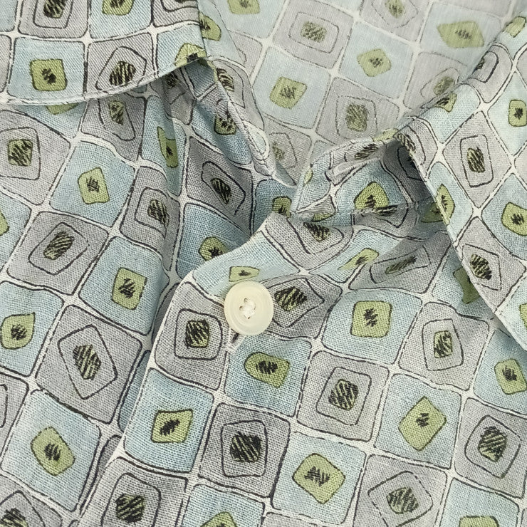 HERMES エルメス トップス 総柄 長袖 シャツ - グレー系 ブルー系 グリーン系 マルチカラー 麻100% メンズ ロングスリーブ セリエボタン リネン 表記サイズ41/16